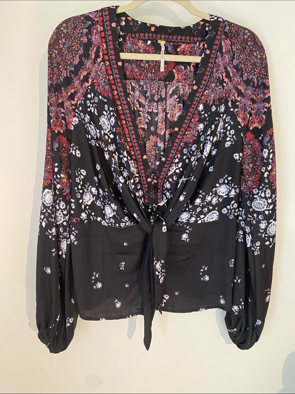 Free People Black Floral Tie-Front Blouse with Red Accents